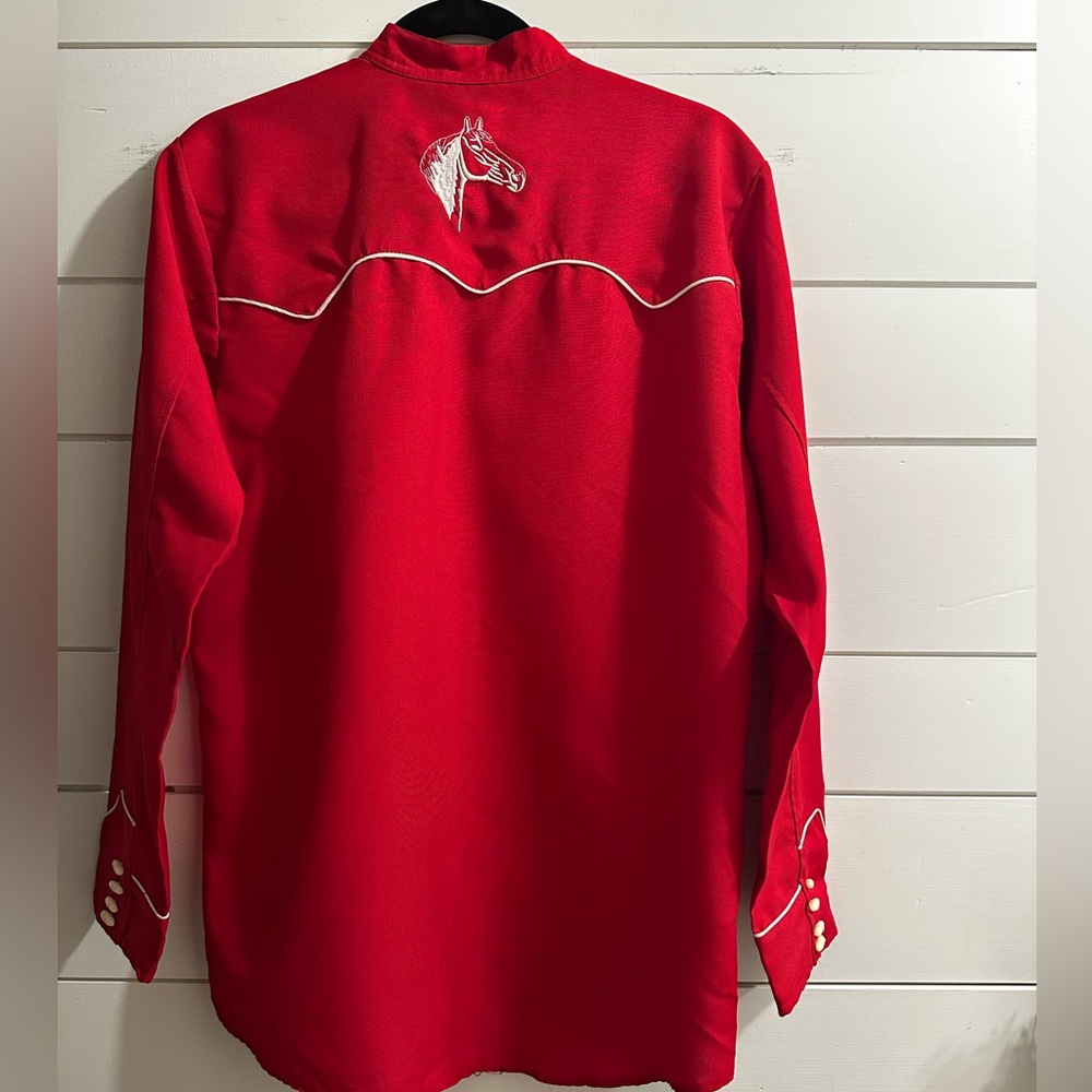 Vintage Bronco Red Western Shirt Embroidered Horse M Rockabilly Rodeo 1970s - Picture 9 of 13